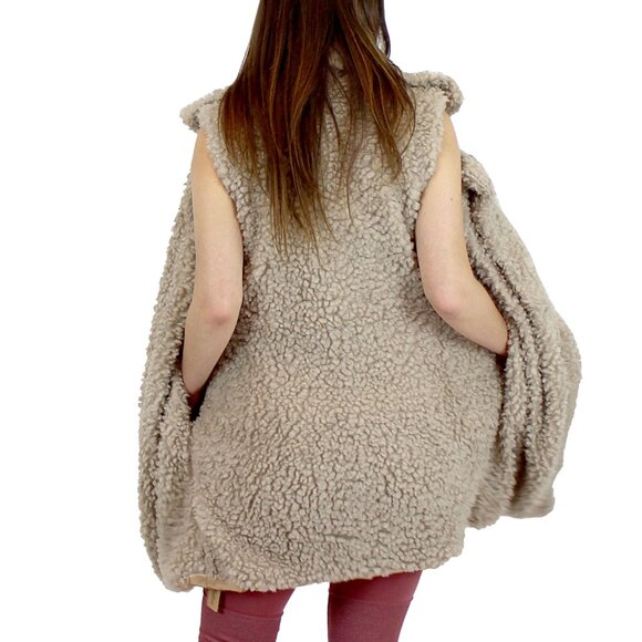 Soft Cozy Shaggy Faux Fur Long Vest Fuzzy Wrap Khaki - Picture 8 of 9